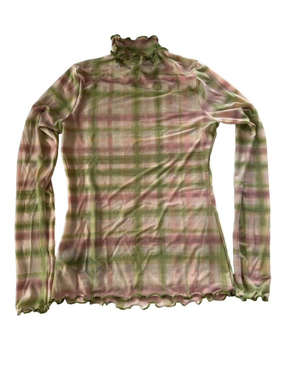 Pilcro Green and Pink Plaid Sheer Mock Neck Top - Picture 2 of 10